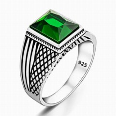 Green Baguette Zircon Stone Silver Ring 100346379