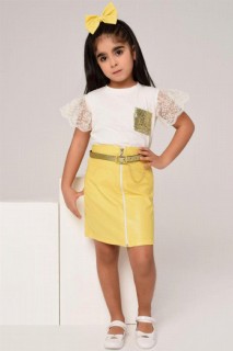 Kids - Girl's Yellow Leather Skirt Suit with Pulpette Pocket and Front Zipper 100328270 - Turkey