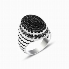 Black Micro Stone Oval Silver Ring 100347847