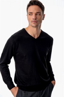Knitwear - بلوفر تريكو رجالي أسود ديناميكي برقبة على شكل V 100345080 - Turkey