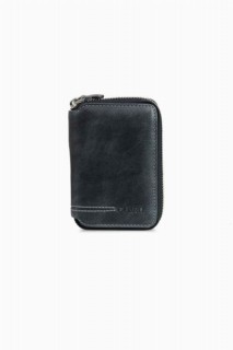 Wallet - Zipper Antique Black Leather Mini Wallet 100346113 - Turkey