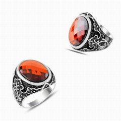 Ottoman Patterned Silver Ring With Red Cut Stone 100347861