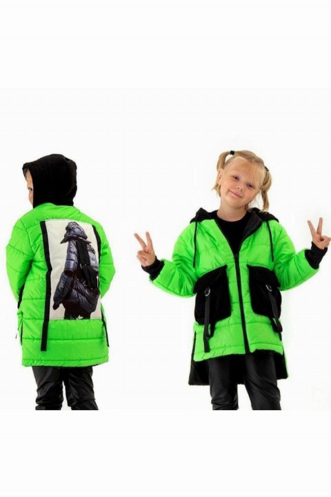 Baby Girl Character Printed Neon Green Coat 100326915