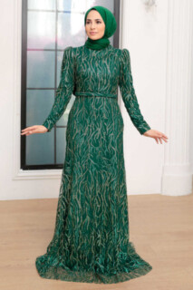 Woman - Green Hijab Evening Dress 100341046 - Turkey