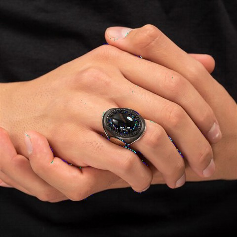 Onyx Stone Rings - Seal of Solomon Motif Black Onyx Stone Silver Ring 100349398 - Turkey