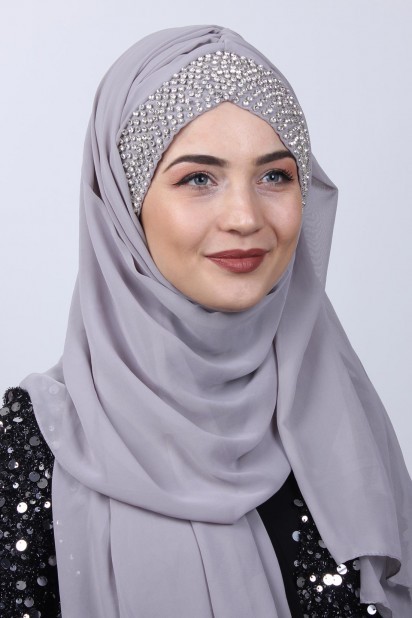 Ready to wear Hijab-Shawl - شال بتصميم حجر بونيه رمادي - Turkey