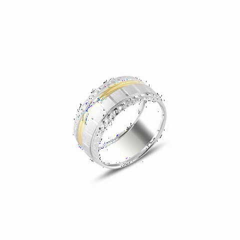 Men - Gold Sliver Detailed Silver Wedding Ring 100347200 - Turkey