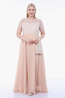 Plus Size - Plus Size Top Silvery Square Detail Long Evening Dress Ecru 100276325 - Turkey