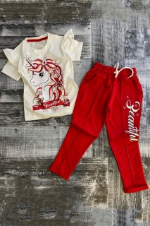 Tracksuits, Sweatshirts - بدلة رياضية حمراء جميلة مزخرفة بكتف للفتيات على شكل وحيد القرن 100327719 - Turkey