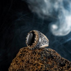 Black Onyx Stone Silver Men's Ring With Stone Embroidered Sides 100346448