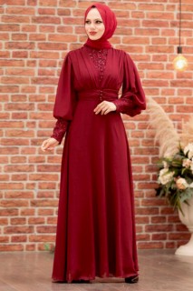 Evening & Party Dresses - Claret Red Hijab Evening Dress 100338278 - Turkey