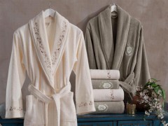 Set Robe - Peri Luxury Embroidered Cotton Bathrobe Set Cream Beige 100259781 - Turkey