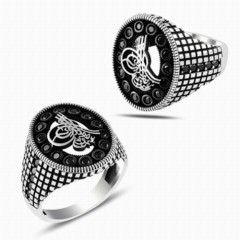Men Shoes-Bags & Other - Ottoman Tugra Stone Paved Silver Ring 100347869 - Turkey