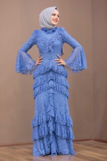 Woman - İndigo Blue Hijab Evening Dress 100335788 - Turkey