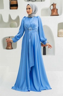 Woman - Blue Hijab Evening Dress 100340138 - Turkey