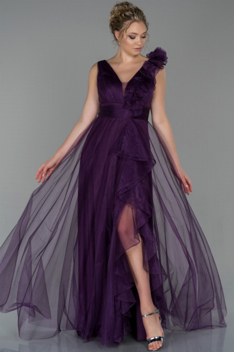 Woman Clothing - Evening Dresses Ruffled Leg Decollete Long Tulle Evening Dress 100297323 - Turkey