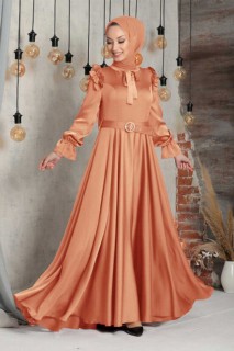 Woman Clothing - Dark Salmon Pink Hijab Evening Dress 100337572 - Turkey