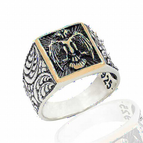 Animal Rings - Three Dimensional Double Headed Eagle Motif Sterling Silver Men's Ring 100348591 - Turkey