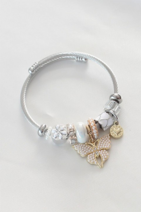 Bracelet - Silver Color Butterfly Figure White Stone Detail Steel Charm Women's Bracelet 100328162 - Turkey