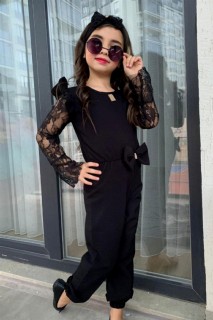 Girl Clothing - Girls' Sleeves Lace Transparent Detailed Front Bow Bandana Black Jumpsuit 100328383 - Turkey
