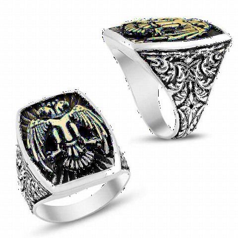 Animal Rings - Three Dimensional Double Headed Eagle Motif Sterling Silver Men's Ring 100348577 - Turkey