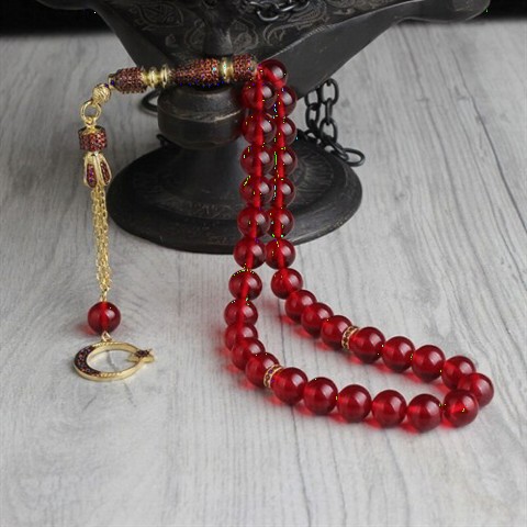 Men - Zircon Stone Gold Plated Tasseled Fire Amber Rosary 100350446 - Turkey