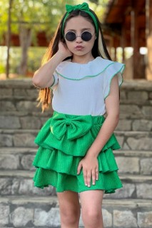 Girls Ruffle Collar Layered Front Bow Detailed Green Skirt Suit 100328528