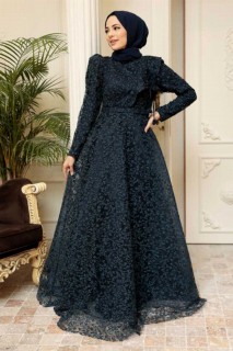 Wedding & Evening - Navy Blue Hijab Evening Dress 100341362 - Turkey
