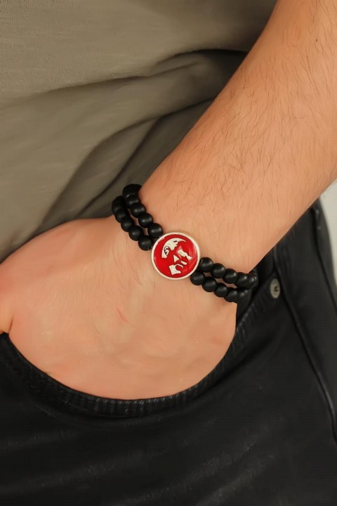 Men - Bracelet pour homme en métal rouge Atatürk Portrait Design couleur noire Onyx mat en pierre naturelle 100318449 - Turkey