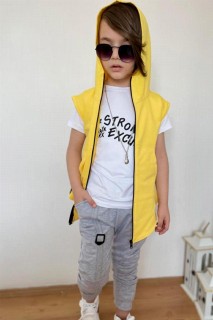 Boys Printed Zipper Detailed Hooded Vest Yellow Tracksuit Suit 100328595