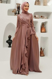 Evening & Party Dresses - Mink Hijab Evening Dress 100340003 - Turkey
