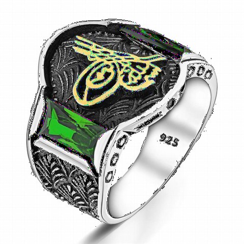 Others - Green Zircon Stone Ottoman Tugra Silver Men's Ring 100349115 - Turkey