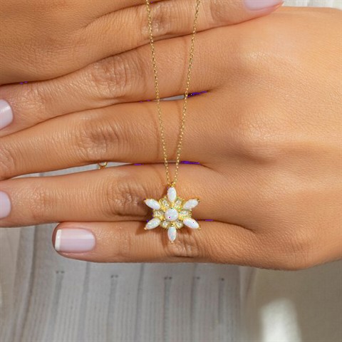 jewelry - Opal Stone Wind Flower Model Silver Necklace Gold 100350093 - Turkey