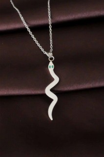 Necklaces - Snake Figured Silver Color Steel Woman Necklace 100327496 - Turkey