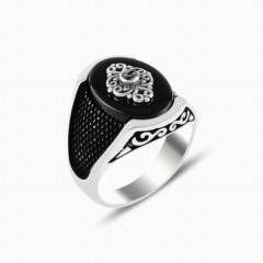Onyx Stone Oval Solitaire Dot Pattern Silver Ring 100347876