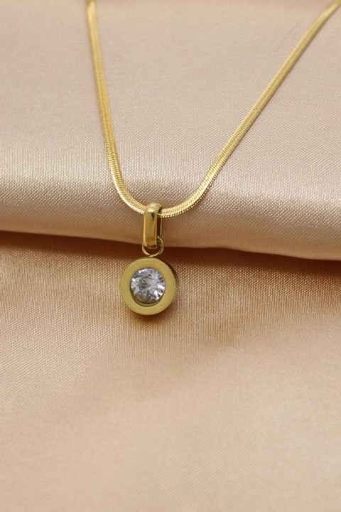 Necklaces - عقد نسائي من الفولاذ المقاوم للصدأ بلون ذهبي وحجر الزركون بيضاوي الشكل 100326519 - Turkey