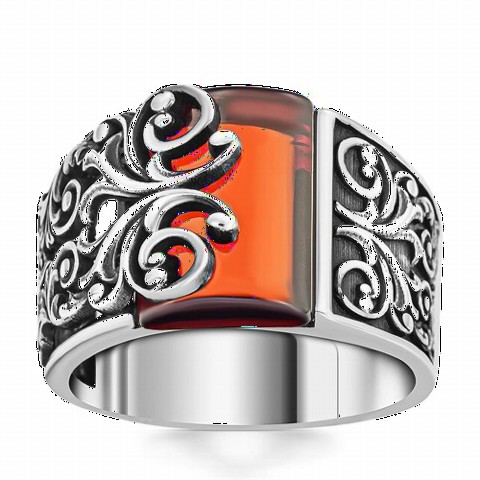 Zircon Stone Rings - Flower Patterned Red Zircon Stone Sterling Silver Ring 100350368 - Turkey