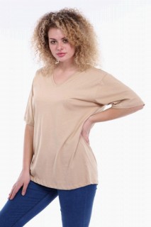 Large Size V Neck Cream T-shirt 100276765