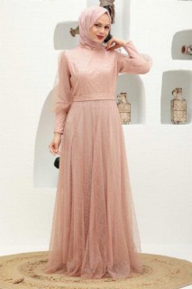 Woman - Salmon Pink Hijab Evening Dress 100339343 - Turkey