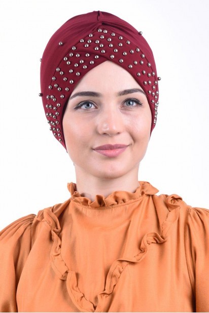 Woman Bonnet & Turban - Pearl Pool Cap Claret Red 100284955 - Turkey