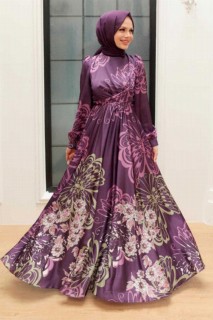 Wedding & Evening - Plum Color Hijab Evening Dress 100340420 - Turkey