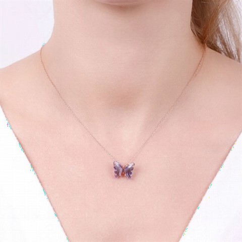 Navy Blue Stone Butterfly Model Silver Necklace 100346950