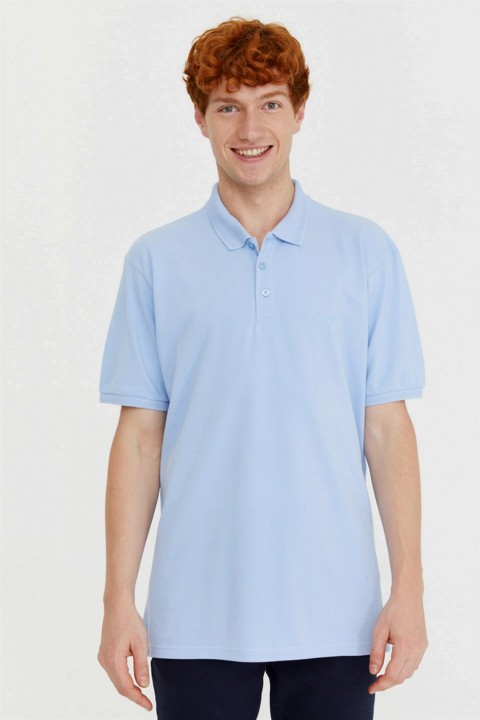 Men's Blue Basic Polo Neck Pocketless Battal Wide Cut Dobby T-Shirt 100351227