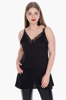 Plus Size - Plus Size Collar Lace Detailed Strap Satin Evening Blouse Black 100276180 - Turkey