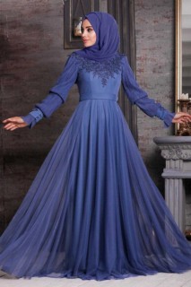 Evening & Party Dresses - İndigo Blue Hijab Evening Dress 100333990 - Turkey