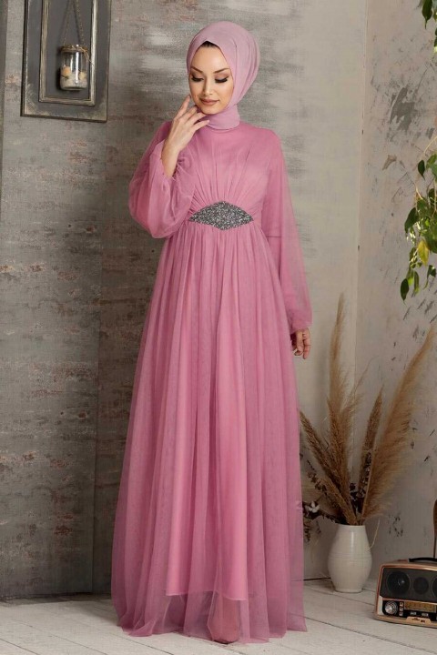 Evening & Party Dresses - فستان سهرة للمحجبات باللون الوردي المغبر 100333084 - Turkey