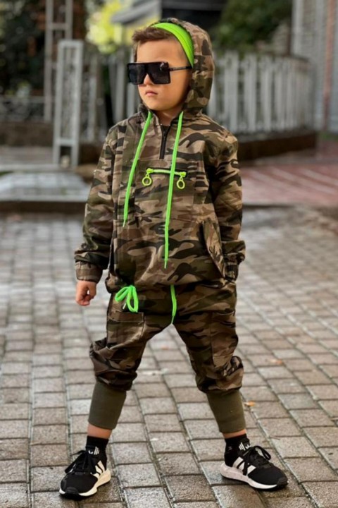 Boy Neon Detailed Multi-Pocket Beret Camouflage Bottom Top Suit 100327164