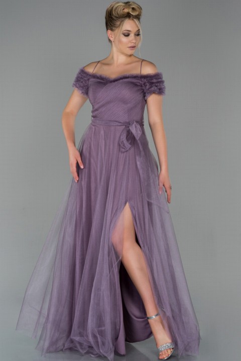Woman - Evening Dress Short Sleeve Leg Decollete Long Tulle Evening Dress 100297311 - Turkey