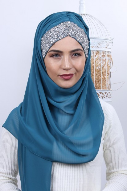 Woman Bonnet & Hijab - Stone Design Bonnet Shawl Petrol Blue 100282973 - Turkey