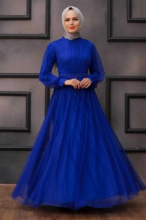 Wedding & Evening - Sax Blue Hijab Evening Dress 100337315 - Turkey